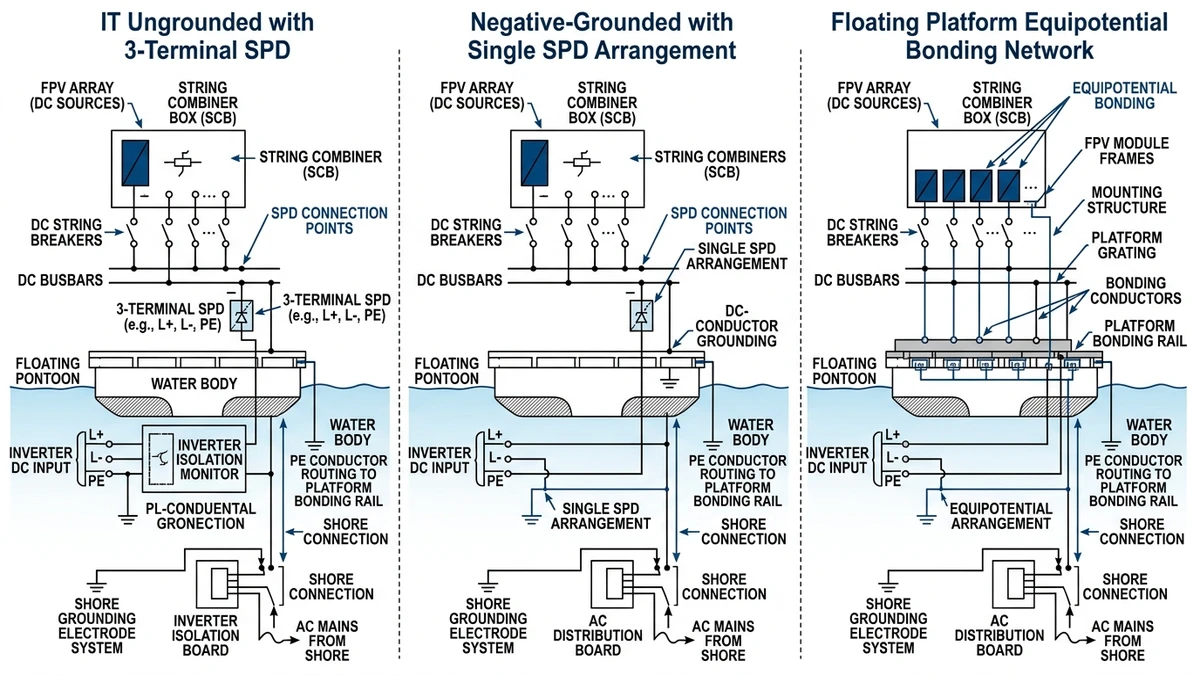 ** Floating solar SPD wiring schematic for IT and negative-grounded FPV topologies - **Caption:** Figure 3. FPV grounding topologies showing recommended SPD wiring arrangements and surge-current discharge paths. - **Suggested aspect ratio:** 16:9