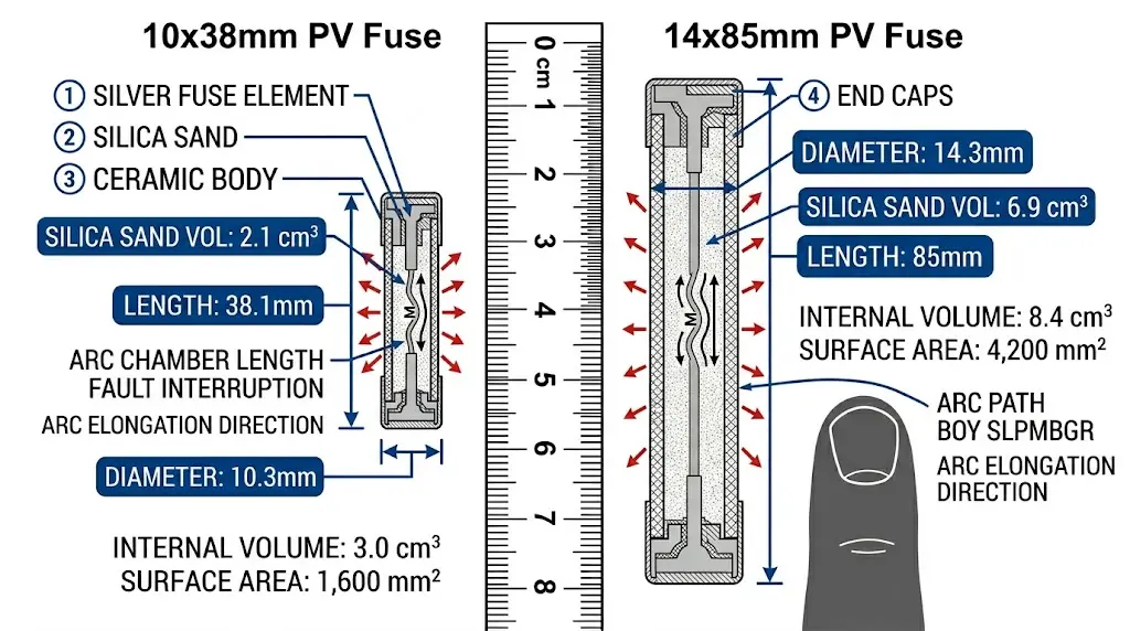 gPV fuse cross-section showing arc chamber structure, silica sand filler, and fuse element in both 10x38mm and 14x85mm formats