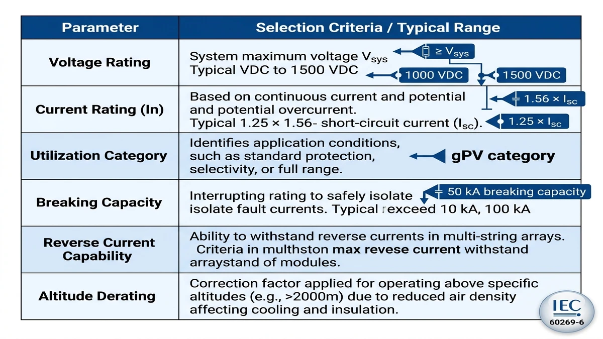 ** gPV fuse selection parameters table for solar string protection and derating - **Caption:** Figure 3. Key selection parameters for PV string fuses include voltage class, current multiplier, and breaking capacity. - **Suggested aspect ratio:** 4:3