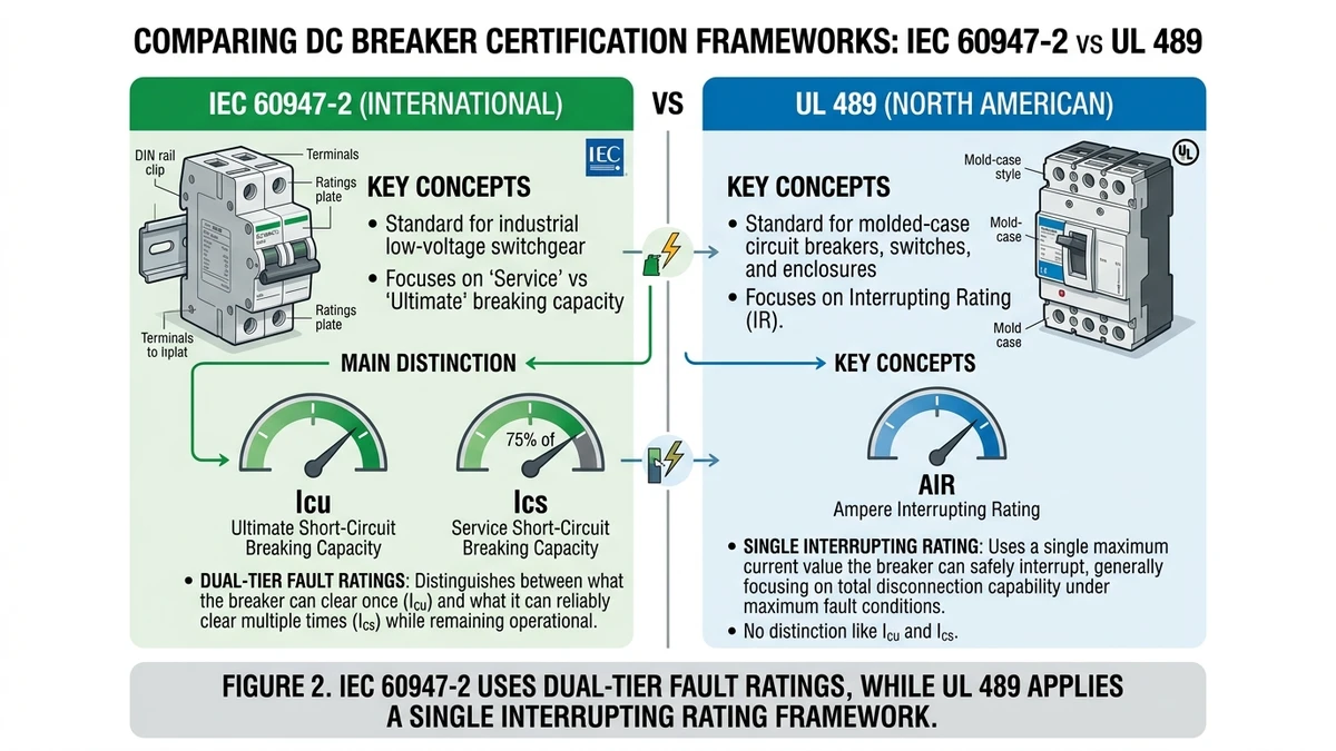 IEC 60947-2 vs UL 489 certification frameworks for DC breakers compared - Caption: Figure 2. IEC 60947-2 uses dual-tier fault ratings, while UL 489 applies a single interrupting rating framework. - Suggested aspect ratio: 16:9