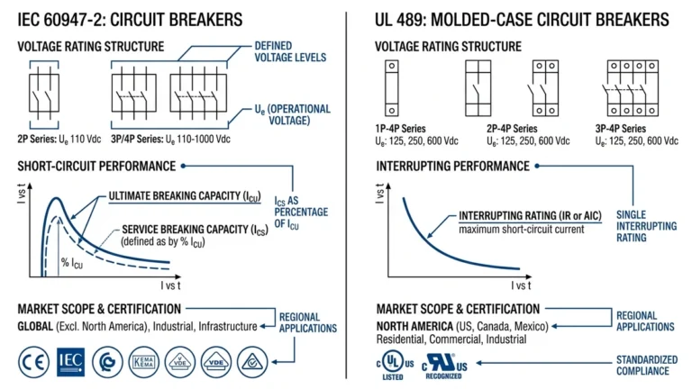 IEC 60947-2 vs UL 489 comparison diagram for DC circuit breaker standards - Caption: Figure 1. Side-by-side overview of IEC 60947-2 and UL 489 rating frameworks for DC circuit breakers.