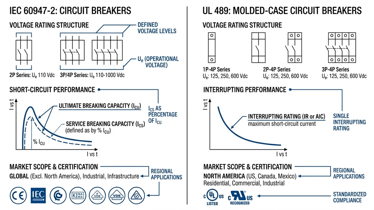 IEC 60947-2 vs UL 489 comparison diagram for DC circuit breaker standards - Caption: Figure 1. Side-by-side overview of IEC 60947-2 and UL 489 rating frameworks for DC circuit breakers.