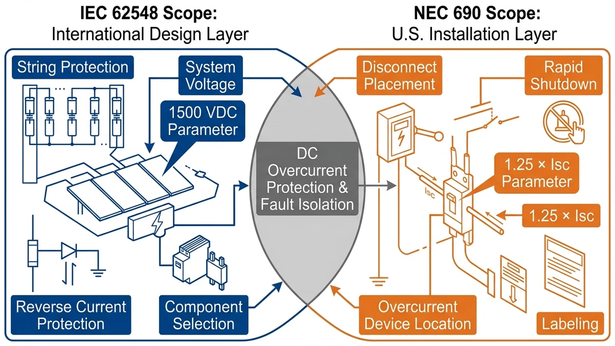 ** IEC 62548 vs NEC 690 scope diagram comparing PV design and installation - **Caption:** Figure 2. IEC 62548 defines PV design requirements, while NEC 690 governs U.S. installation compliance with limited overlap in DC protection. - **Suggested aspect ratio:** 16:9