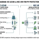 ** IEC 62548 vs NEC 690 comparison diagram for PV protection requirements - **Caption:** Figure 1. IEC 62548 and NEC 690 comparison showing design-scope versus installation-code requirements for PV protection.