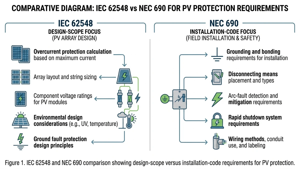 ** IEC 62548 vs NEC 690 comparison diagram for PV protection requirements - **Caption:** Figure 1. IEC 62548 and NEC 690 comparison showing design-scope versus installation-code requirements for PV protection.