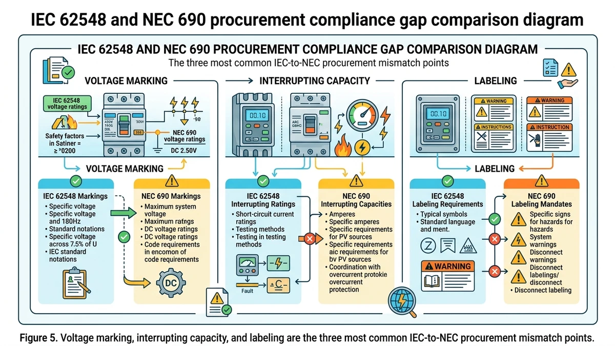 ** IEC 62548 and NEC 690 procurement compliance gap comparison diagram - **Caption:** Figure 5. Voltage marking, interrupting capacity, and labeling are the three most common IEC-to-NEC procurement mismatch points. - **Suggested aspect ratio:** 16:9