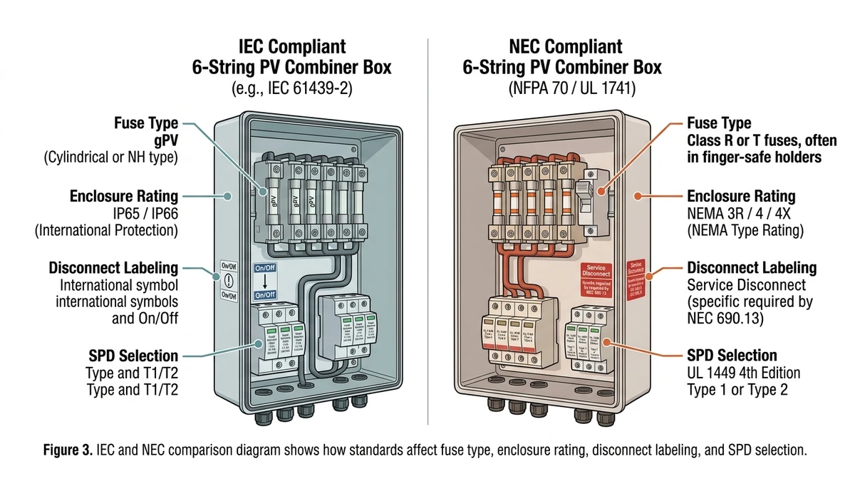 ** 6-string PV combiner box IEC versus NEC compliance comparison diagram - **Caption:** Figure 3. IEC and NEC comparison diagram shows how standards affect fuse type, enclosure rating, disconnect labeling, and SPD selection. - **Suggested aspect ratio:** 16:9