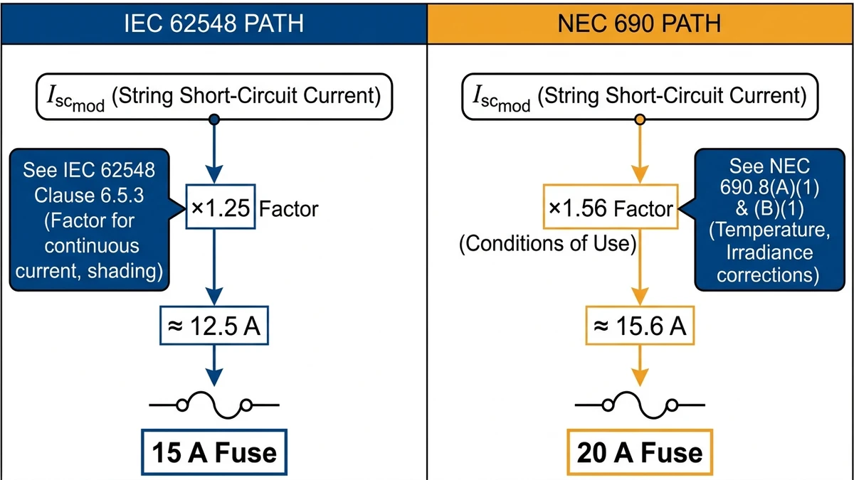 ** IEC 62548 and NEC 690 string fuse sizing flowchart for solar PV - **Caption:** Figure 3. The same 10 A PV string produces a 15 A IEC fuse and a 20 A NEC fuse. - **Suggested aspect ratio:** 16:9