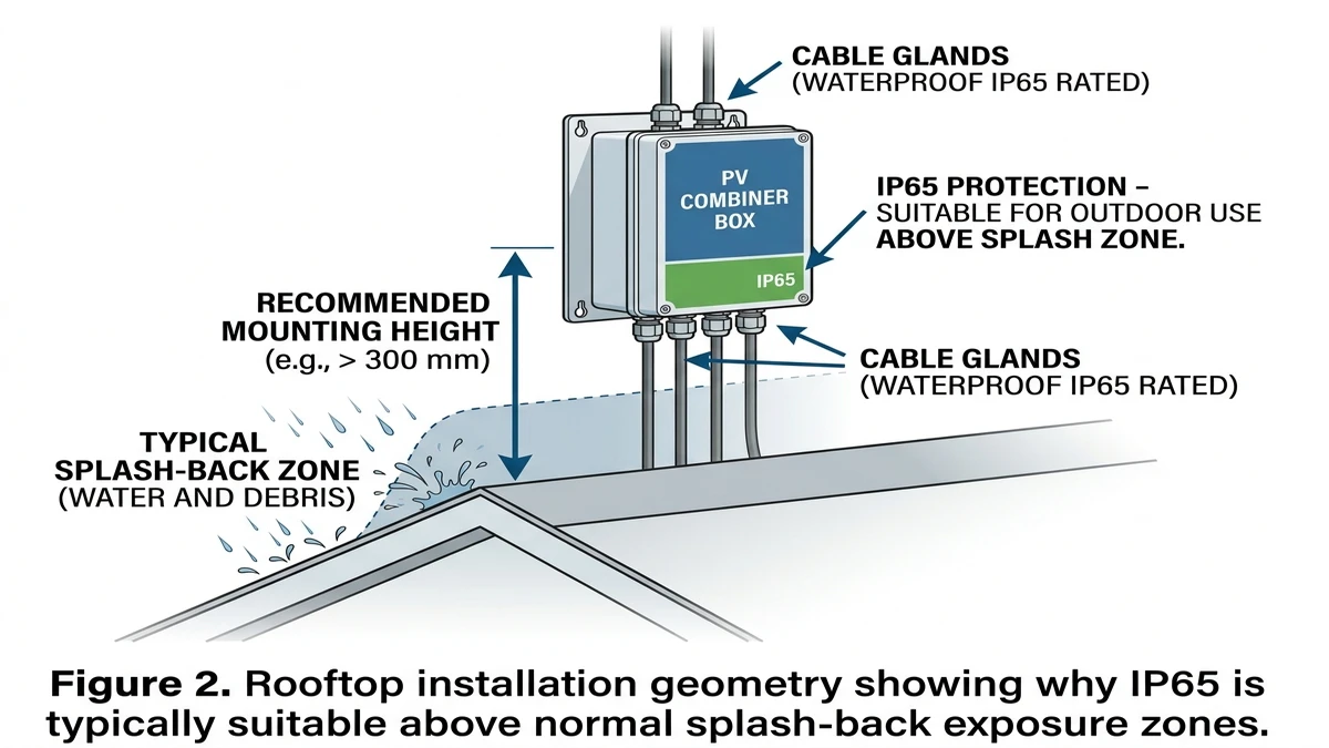 ** IP65 PV combiner box rooftop installation showing mounting height splash-back zone and glands - **Caption:** Figure 2. Rooftop installation geometry showing why IP65 is typically suitable above normal splash-back exposure zones. - **Suggested aspect ratio:** 4:3