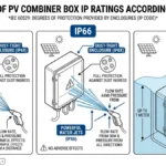 ** IP65 vs IP66 vs IP67 PV combiner box comparison with water exposure conditions - **Caption:** Figure 0. Comparison of IP65, IP66, and IP67 protection levels for PV combiner box enclosures under IEC 60529.