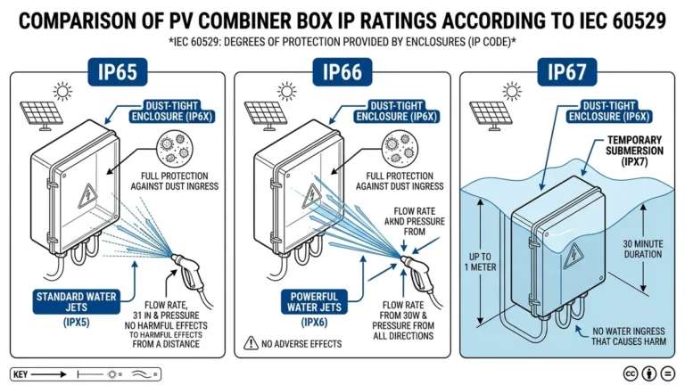 ** IP65 vs IP66 vs IP67 PV combiner box comparison with water exposure conditions - **Caption:** Figure 0. Comparison of IP65, IP66, and IP67 protection levels for PV combiner box enclosures under IEC 60529.