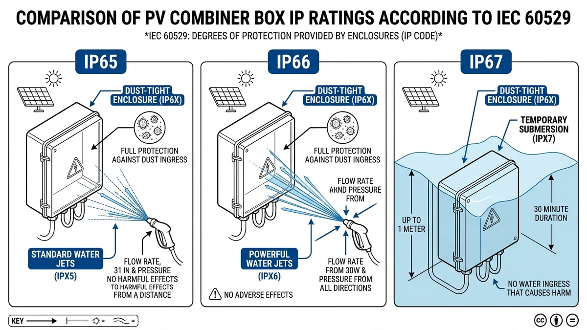 ** IP65 vs IP66 vs IP67 PV combiner box comparison with water exposure conditions - **Caption:** Figure 0. Comparison of IP65, IP66, and IP67 protection levels for PV combiner box enclosures under IEC 60529.