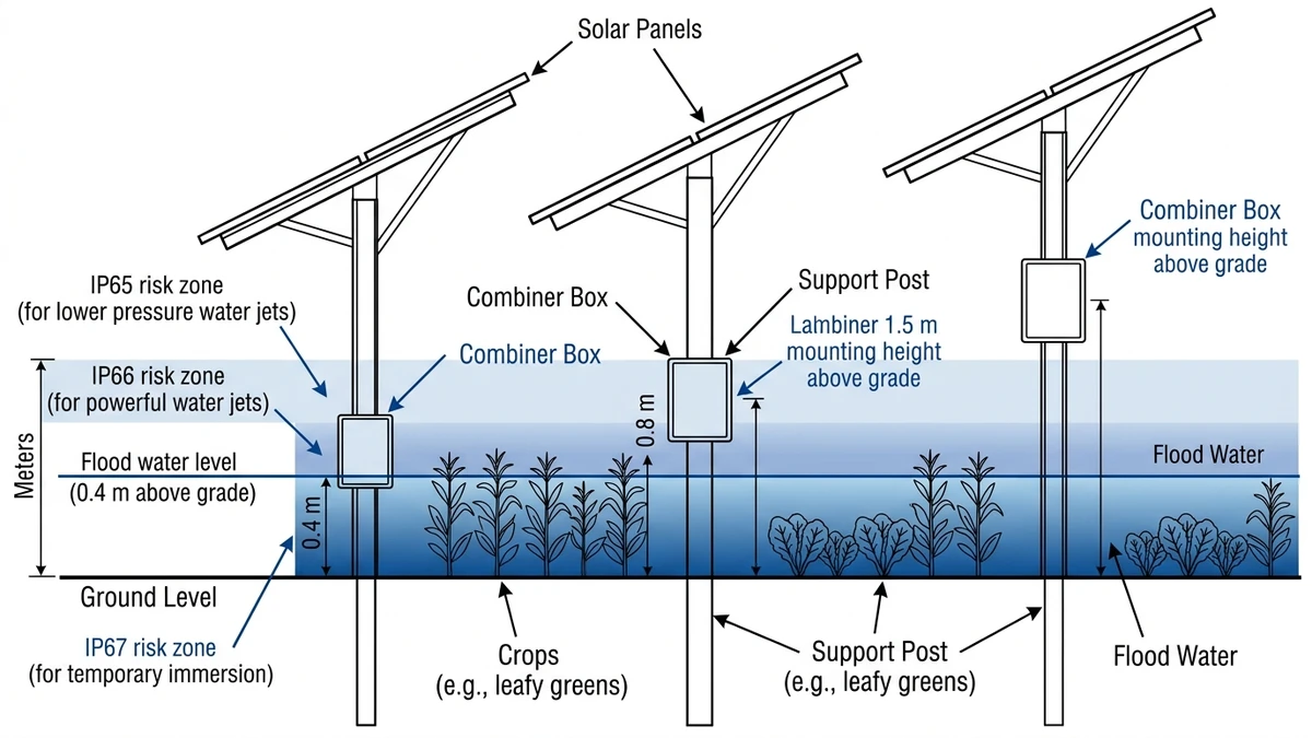 ** IP67 PV combiner box flood-risk diagram with mounting heights and ingress path - **Caption:** Figure 3. Flood-risk elevation model showing when mounting height and temporary submersion justify IP67 selection. - **Suggested aspect ratio:** 16:9