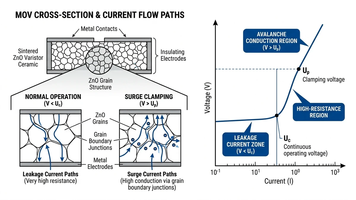 ** DC SPD MOV varistor cross-section showing ZnO grains and clamping behavior - **Caption:** Figure 2. MOV microstructure and V-I response explain how a DC SPD clamps transient overvoltage in EV chargers. - **Suggested aspect ratio:** 16:9