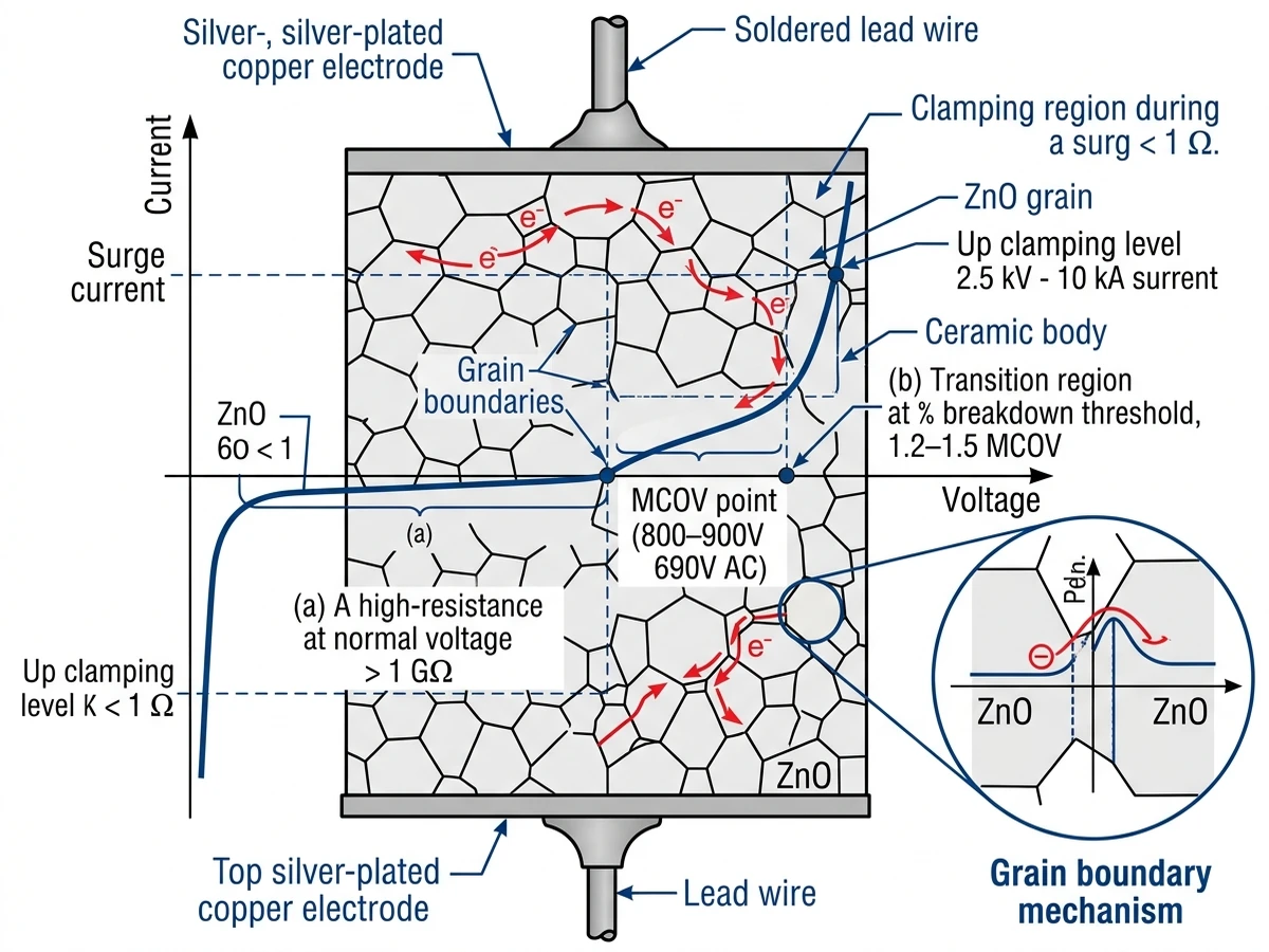 ** `Metal oxide varistor MOV cross-section showing zinc oxide grain structure, electrode connections, and voltage-current characteristic curve with MCOV, Up clamping level, and electron tunneling mechanism