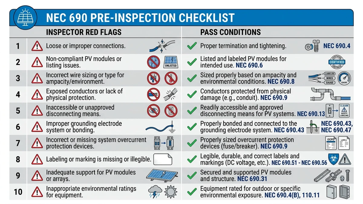 ** NEC 690 pre-inspection checklist infographic showing solar pass fail criteria - **Caption:** Figure 4. Pre-inspection checklist infographic summarizing inspector red flags and pass conditions for the ten most common NEC 690 violations. - **Suggested aspect ratio:** 4:3