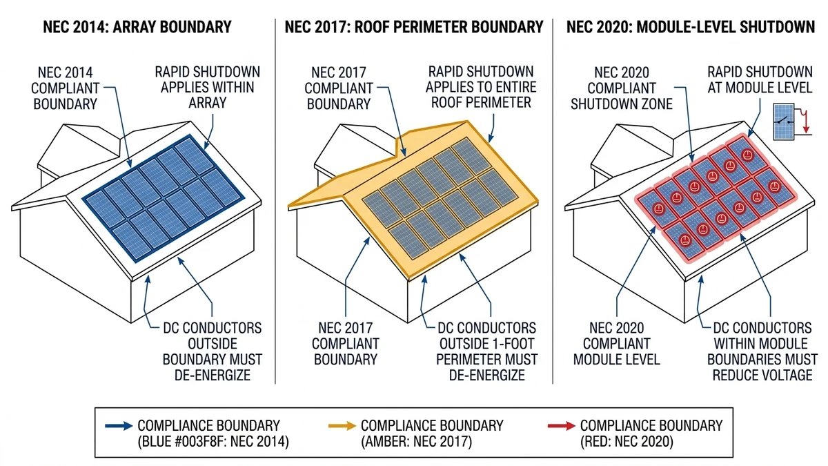 ** NEC 690 rapid shutdown comparison showing 2014 2017 and 2020 boundaries - **Caption:** Figure 2. Comparative rooftop diagram illustrating how NEC rapid shutdown boundaries and voltage limits changed across the 2014, 2017, and 2020 code cycles. - **Suggested aspect ratio:** 16:9