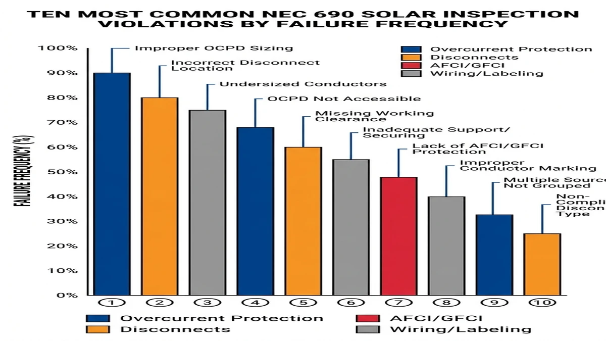 ** NEC 690 violations bar chart ranking solar inspection failure frequency by category - **Caption:** Figure 1. Ranked frequency chart comparing the ten NEC 690 violations most commonly cited in residential and commercial PV inspections. - **Suggested aspect ratio:** 16:9