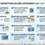 ** NEC 690 violations overview infographic showing top solar inspection failure categories - **Caption:** Figure 0. Overview infographic summarizing the ten NEC 690 violations most often cited during PV inspections.