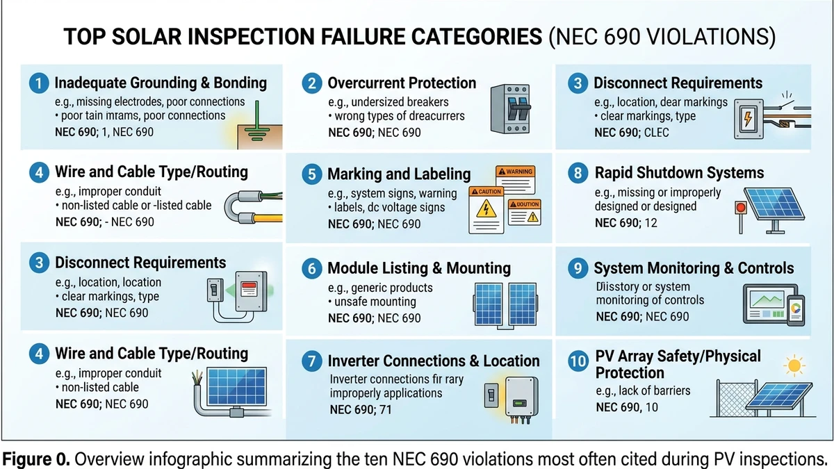 ** NEC 690 violations overview infographic showing top solar inspection failure categories - **Caption:** Figure 0. Overview infographic summarizing the ten NEC 690 violations most often cited during PV inspections.
