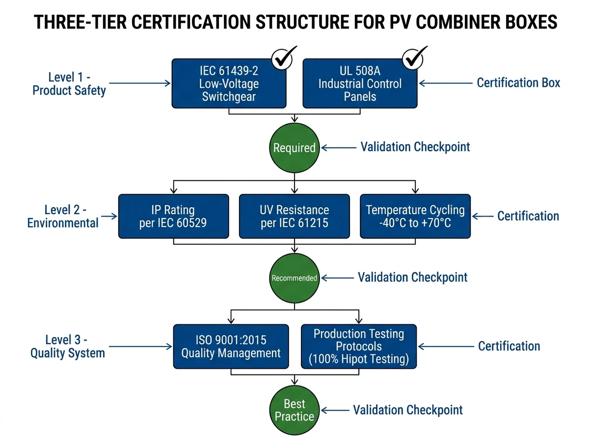 ** `PV combiner box certification hierarchy flowchart showing IEC 61439-2, UL 508A, IP rating, UV resistance, and ISO 9001 requirements
