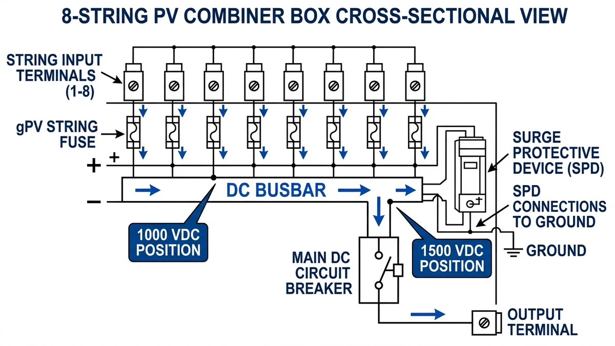 ** PV combiner box cross-section showing string fuses, busbar, SPD, and output - **Caption:** Figure 4. Cross-section of an 8-string combiner box showing current path and protection layout. - **Suggested aspect ratio:** 16:9