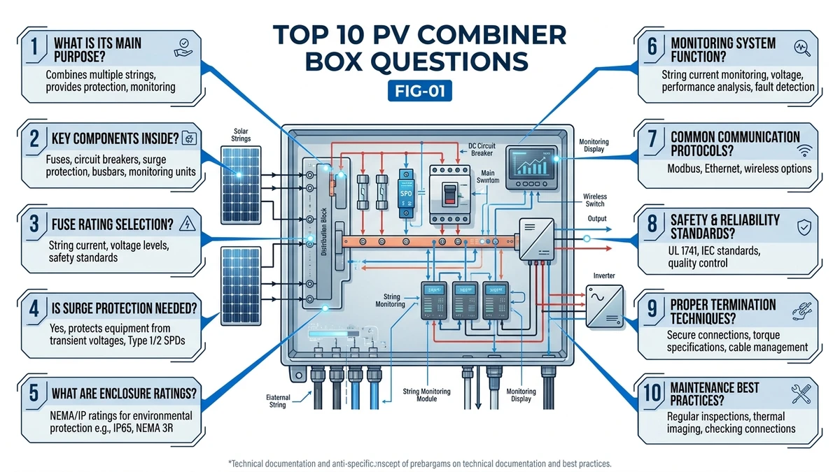 ** `PV combiner box cutaway showing 12 string inputs with DC fuses, busbars, SPD modules, and single output terminal consolidation