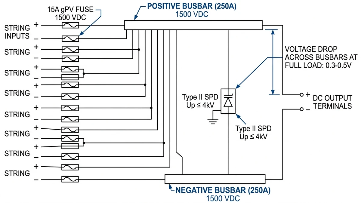** `PV combiner box electrical schematic showing 12 string inputs with fuses, 250A busbars, Type II SPD, and output terminals