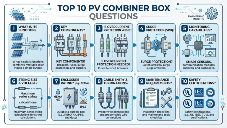PV combiner box with open door showing DC fuses, busbars, SPD modules, and string terminals for solar array protection