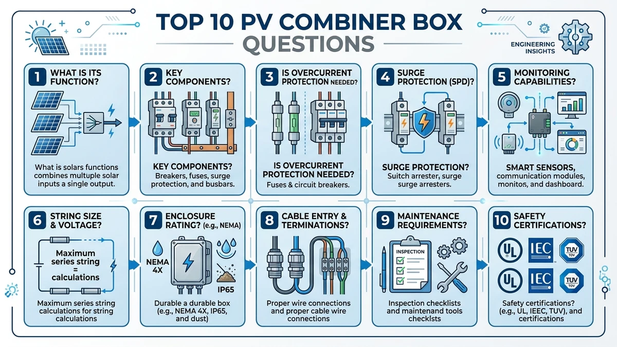 PV combiner box with open door showing DC fuses, busbars, SPD modules, and string terminals for solar array protection
