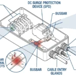 ** PV combiner box failure diagram showing fuse holders, SPD, busbar, and seals - **Caption:** Figure 1. Exploded PV combiner box view identifying common failure zones in field maintenance.