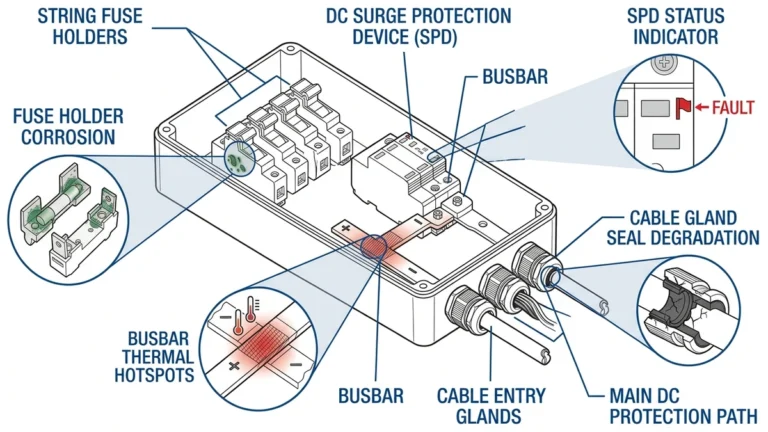 ** PV combiner box failure diagram showing fuse holders, SPD, busbar, and seals - **Caption:** Figure 1. Exploded PV combiner box view identifying common failure zones in field maintenance.