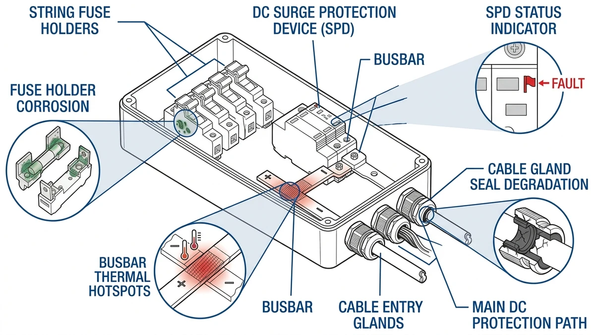 ** PV combiner box failure diagram showing fuse holders, SPD, busbar, and seals - **Caption:** Figure 1. Exploded PV combiner box view identifying common failure zones in field maintenance.