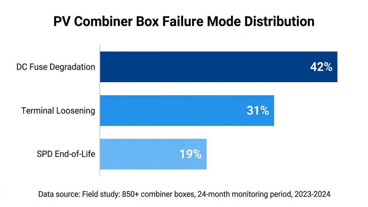 ** `Bar chart showing PV combiner box failure modes: DC fuse degradation 42%, terminal loosening 31%, SPD end-of-life 19% from 850-unit field study
