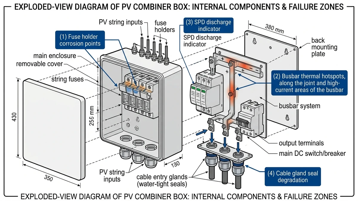 ** PV combiner box failure zones showing corrosion, hotspot, SPD, and seal degradation - **Caption:** Figure 1. Exploded PV combiner box diagram marking the four highest-risk failure locations. - **Suggested aspect ratio:** 16:9