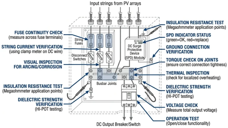 ** PV combiner box fault diagnosis overview showing fuse, SPD, terminals, and insulation checks - **Caption:** Figure 0. Overview of PV combiner box fault diagnosis paths covering fuse, SPD, insulation, and thermal inspection points.