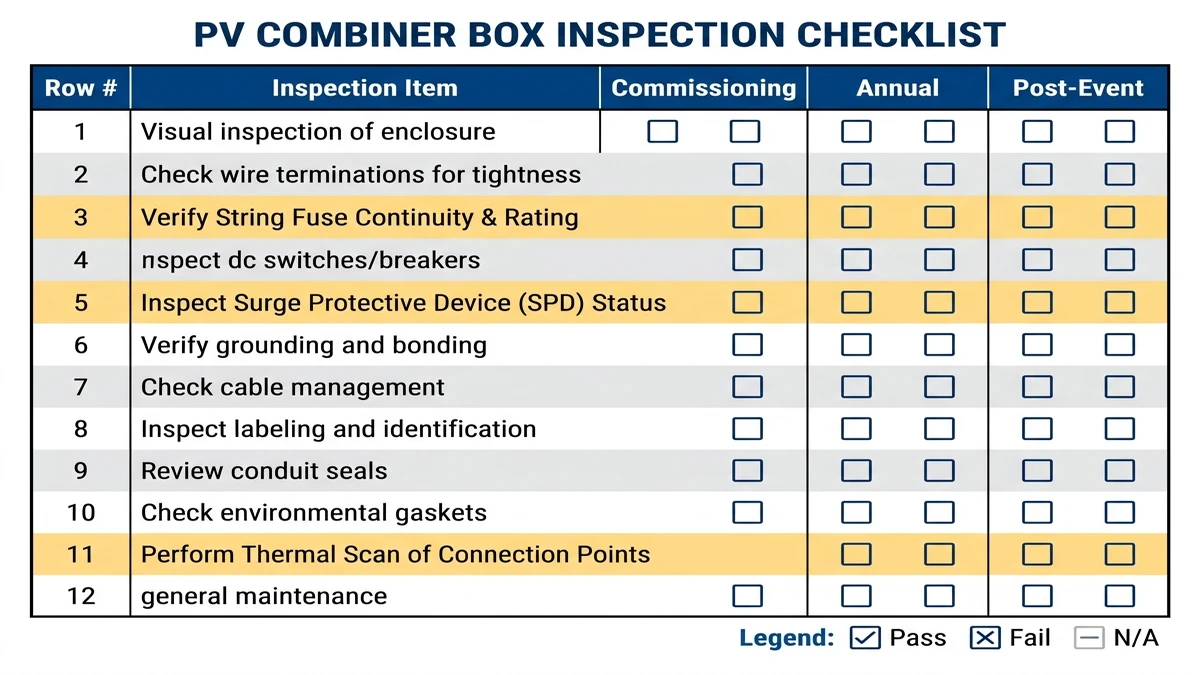 ** PV combiner box inspection checklist for commissioning, annual, and post-event maintenance - **Caption:** Figure 3. Maintenance checklist prioritizing fuse, SPD, and thermal inspection after abnormal events. - **Suggested aspect ratio:** 4:3