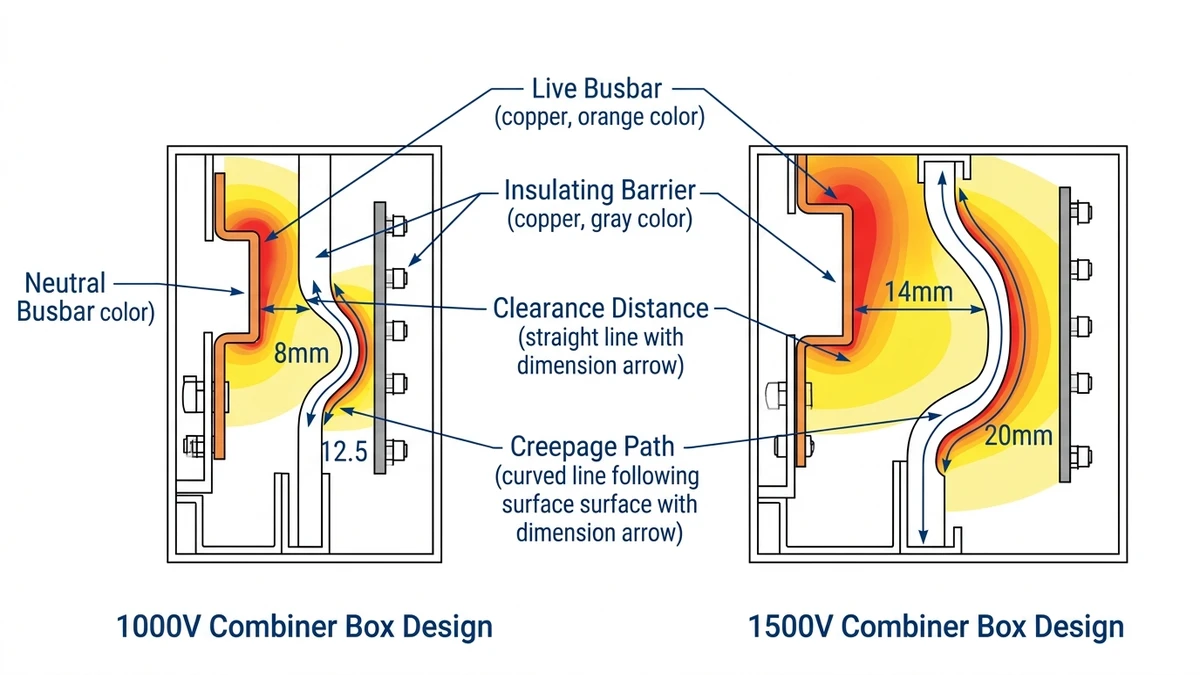 ** `PV combiner box insulation clearance and creepage distance comparison showing 8mm versus 14mm air gaps for 1000V and 1500V systems