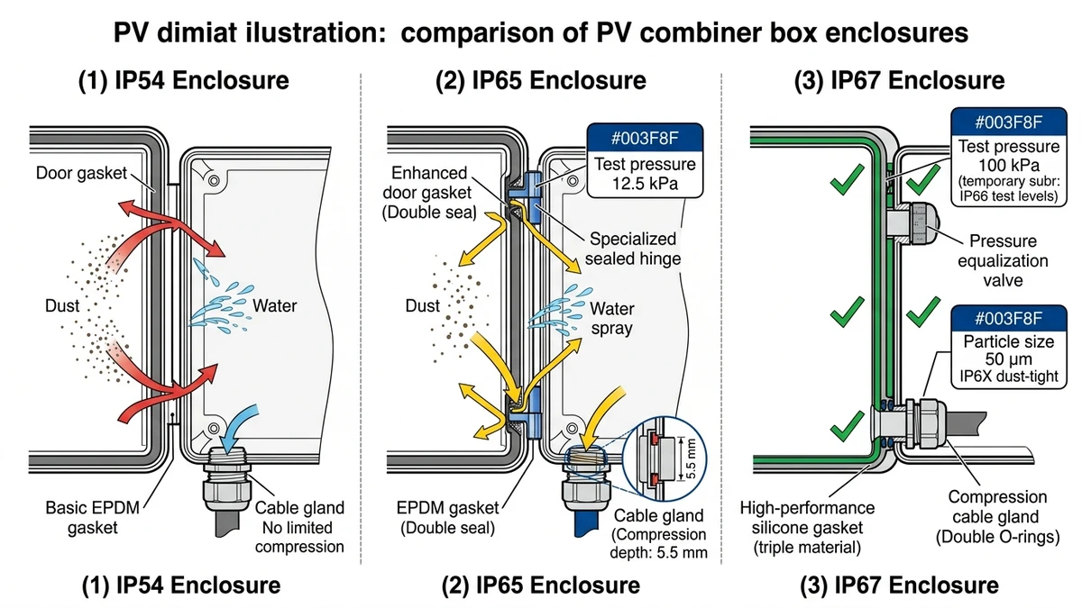 ** `PV combiner box IP rating comparison showing IP54, IP65, and IP67 enclosure sealing mechanisms with gaskets and cable glands