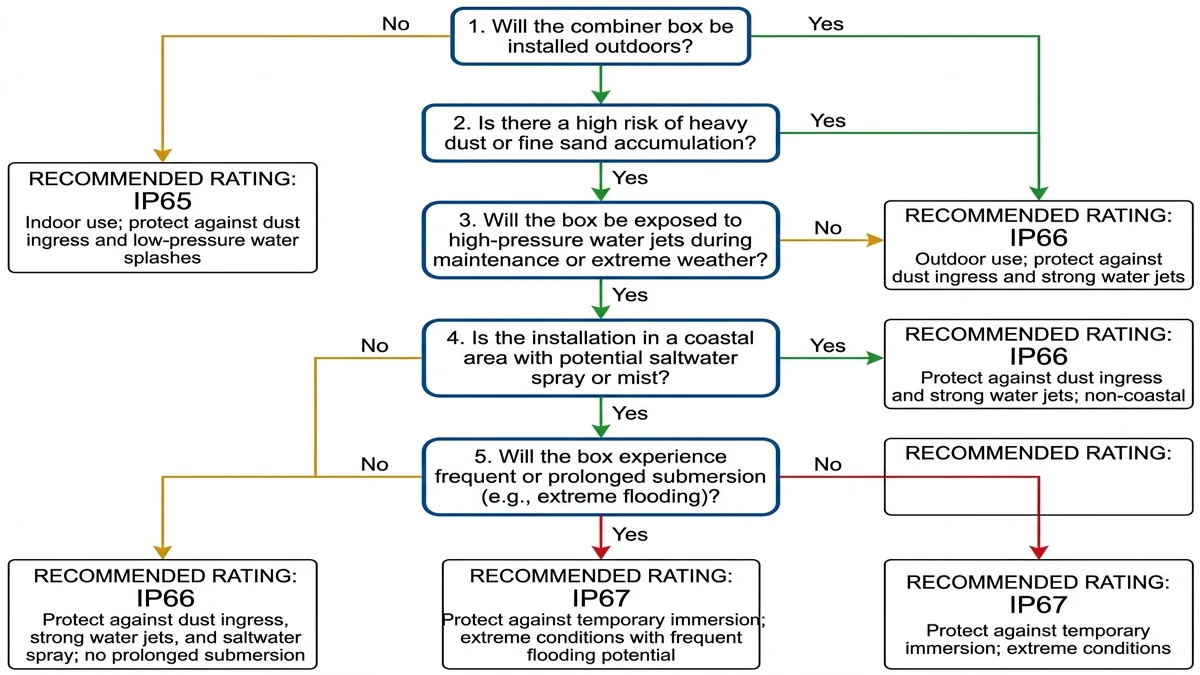 ** PV combiner box IP rating decision flowchart for IP65 IP66 and IP67 - **Caption:** Figure 4. Five-question decision framework linking site exposure conditions to the appropriate PV combiner box IP class. - **Suggested aspect ratio:** 4:3