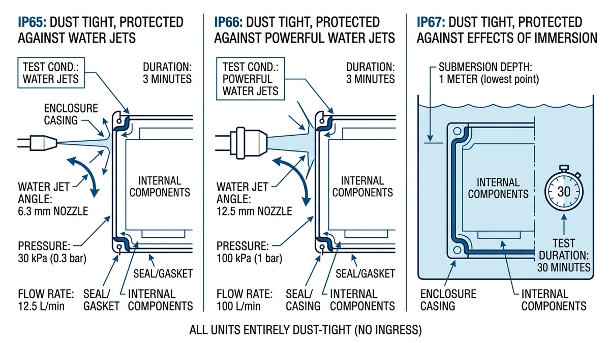 ** PV combiner box IP65 IP66 IP67 comparison showing water jet and submersion tests - **Caption:** Figure 1. IEC 60529 comparison of IP65, IP66, and IP67 test conditions for PV combiner box enclosures. - **Suggested aspect ratio:** 16:9