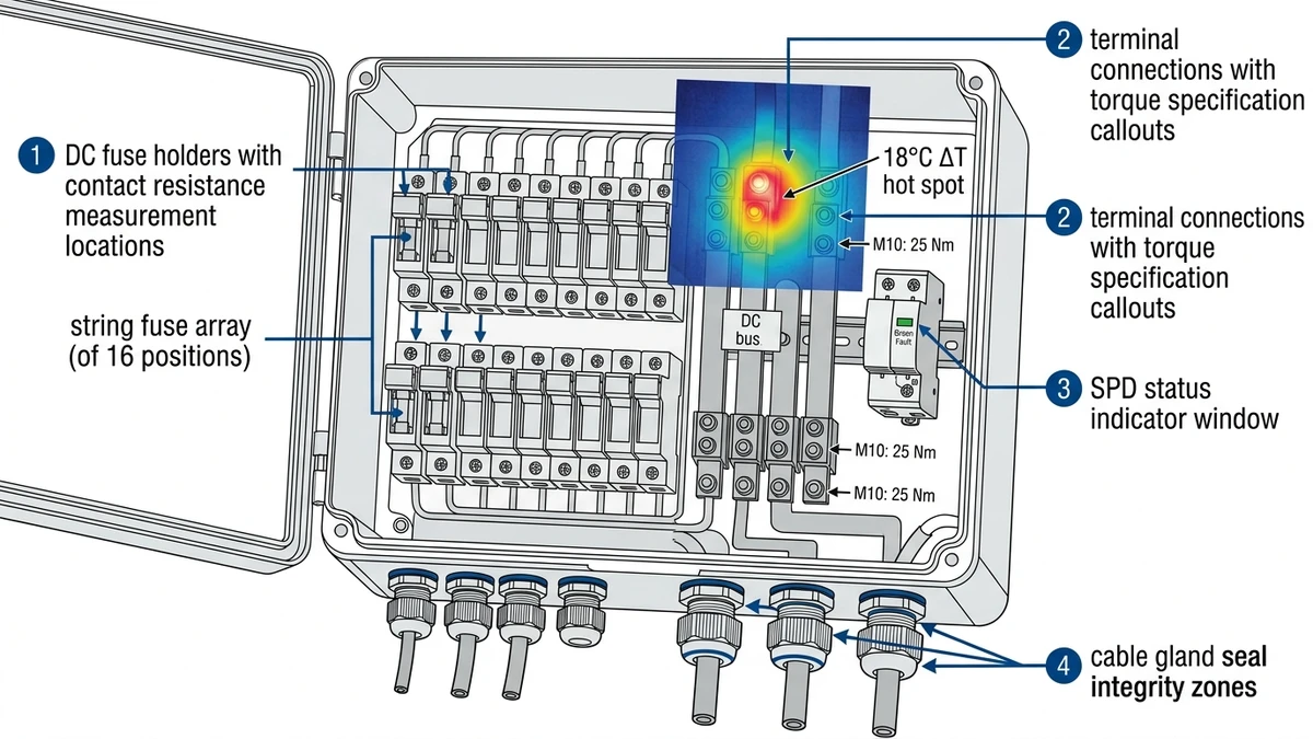 ** `PV combiner box interior showing DC fuse array, terminal connections, SPD device, and thermal imaging hot spot for annual maintenance inspection