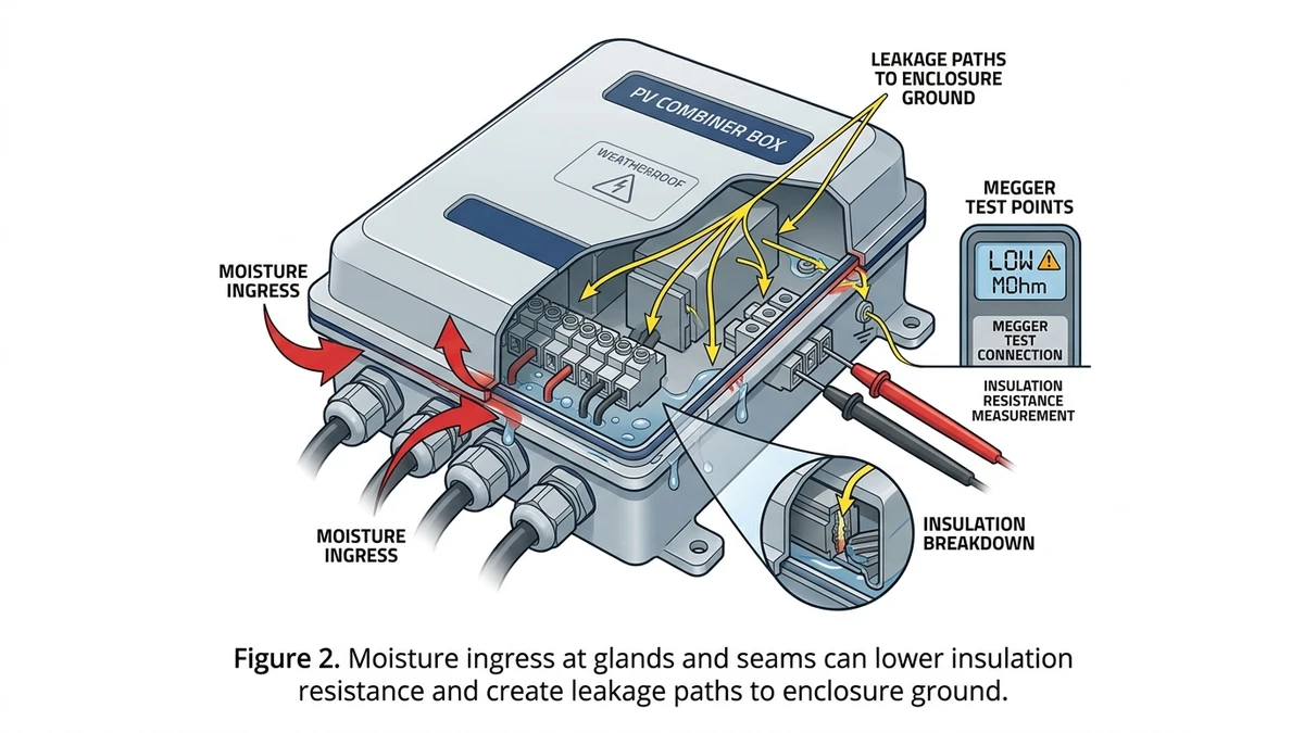 ** PV combiner box insulation failure diagram showing moisture ingress and megger test points - **Caption:** Figure 2. Moisture ingress at glands and seams can lower insulation resistance and create leakage paths to enclosure ground. - **Suggested aspect ratio:** 16:9