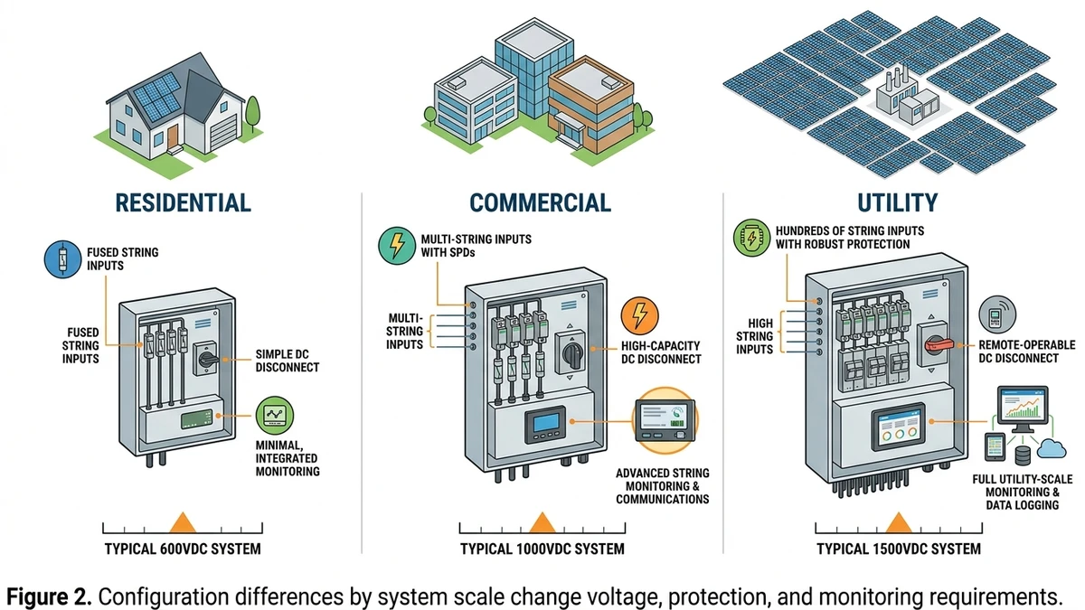 ** PV combiner box scale comparison across residential, commercial, and utility installations - **Caption:** Figure 2. Configuration differences by system scale change voltage, protection, and monitoring requirements. - **Suggested aspect ratio:** 16:9
