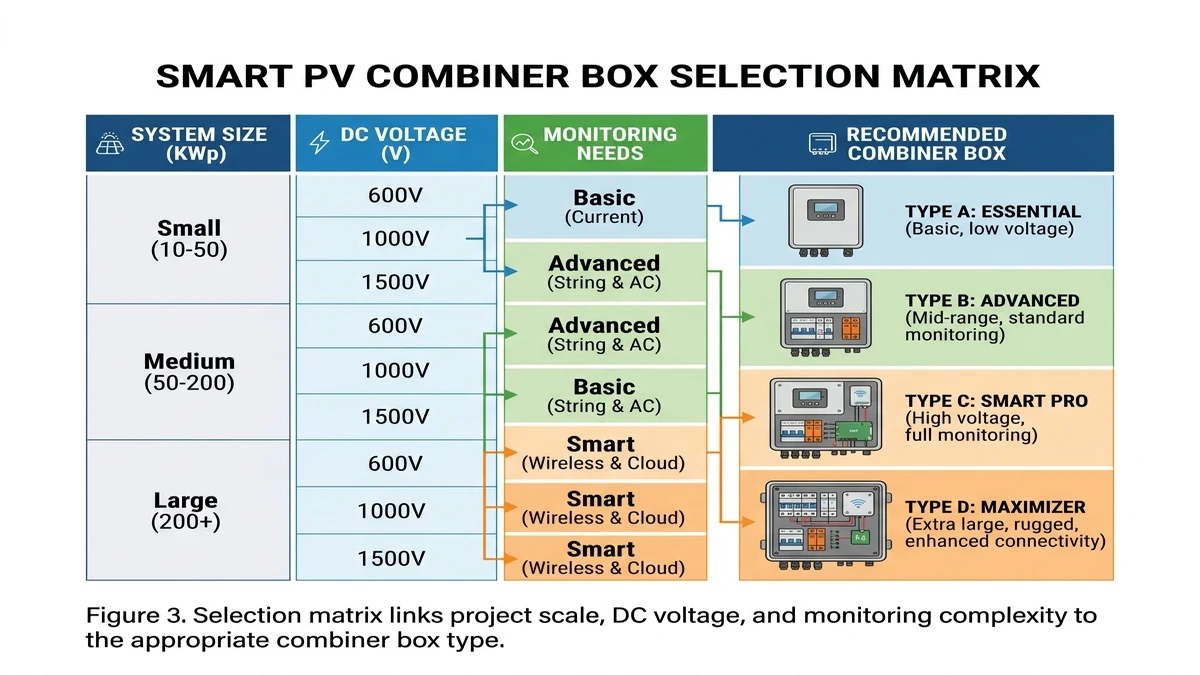 ** Smart PV combiner box selection matrix by system size, voltage, and monitoring needs - **Caption:** Figure 3. Selection matrix links project scale, DC voltage, and monitoring complexity to the appropriate combiner box type. - **Suggested aspect ratio:** 4:3