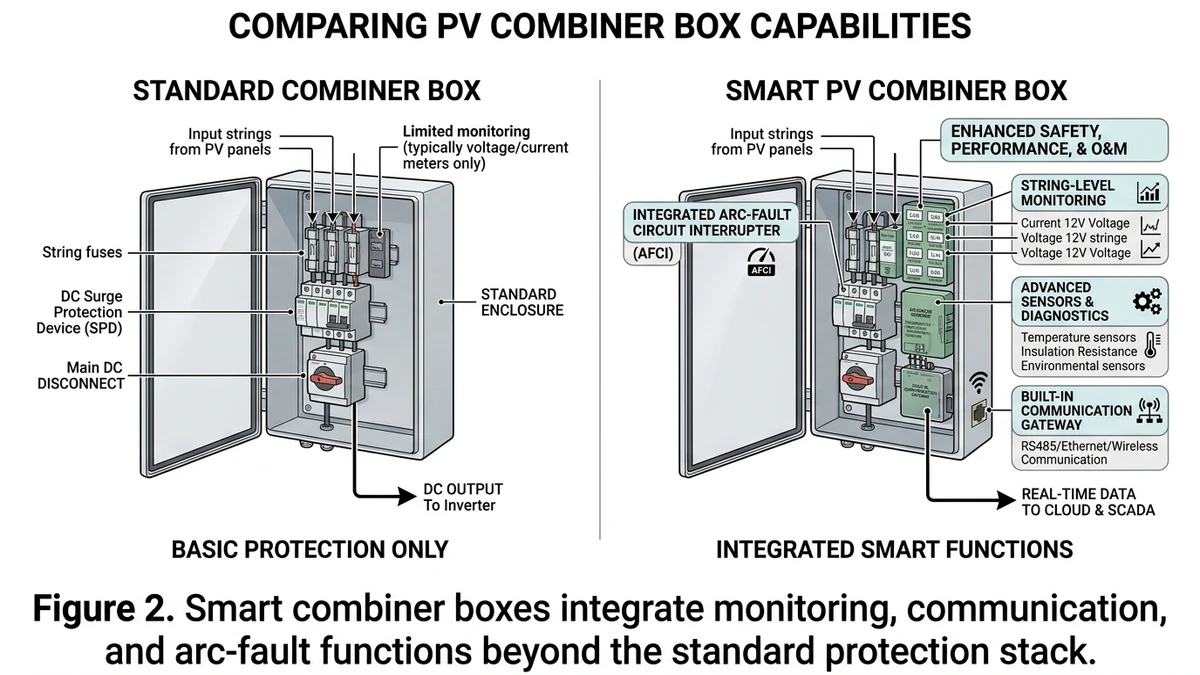 ** Smart PV combiner box comparison showing AFCI, sensors, communication, and protection devices - **Caption:** Figure 2. Smart combiner boxes integrate monitoring, communication, and arc-fault functions beyond the standard protection stack. - **Suggested aspect ratio:** 16:9