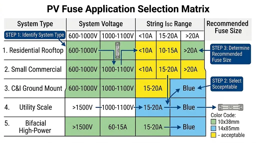 PV fuse selection matrix showing recommended 10x38mm or 14x85mm size based on system voltage and application type