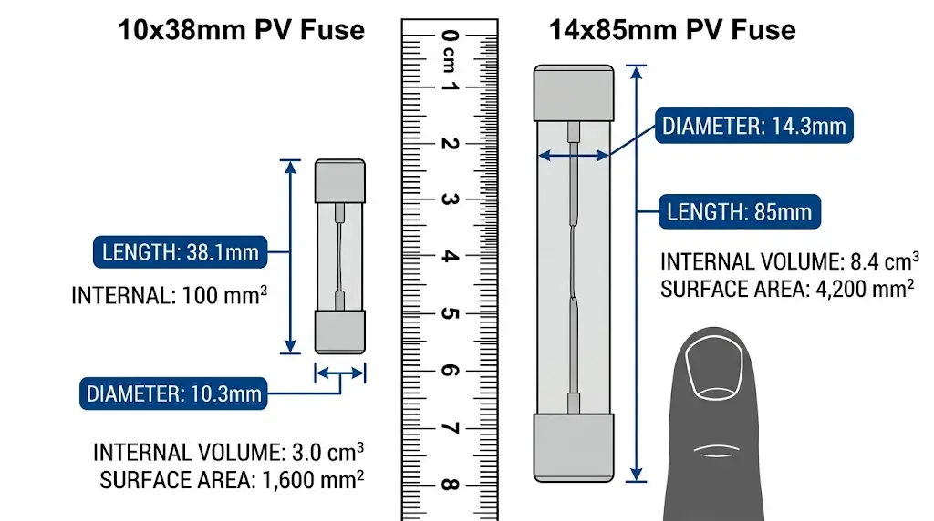 PV fuse dimensional comparison showing 10x38mm and 14x85mm sizes with volume and surface area calculations