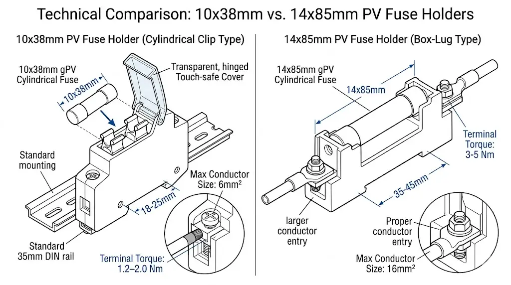 PV fuse holder comparison showing 10x38mm clip-type and 14x85mm box-lug mounting styles with pole spacing dimensions