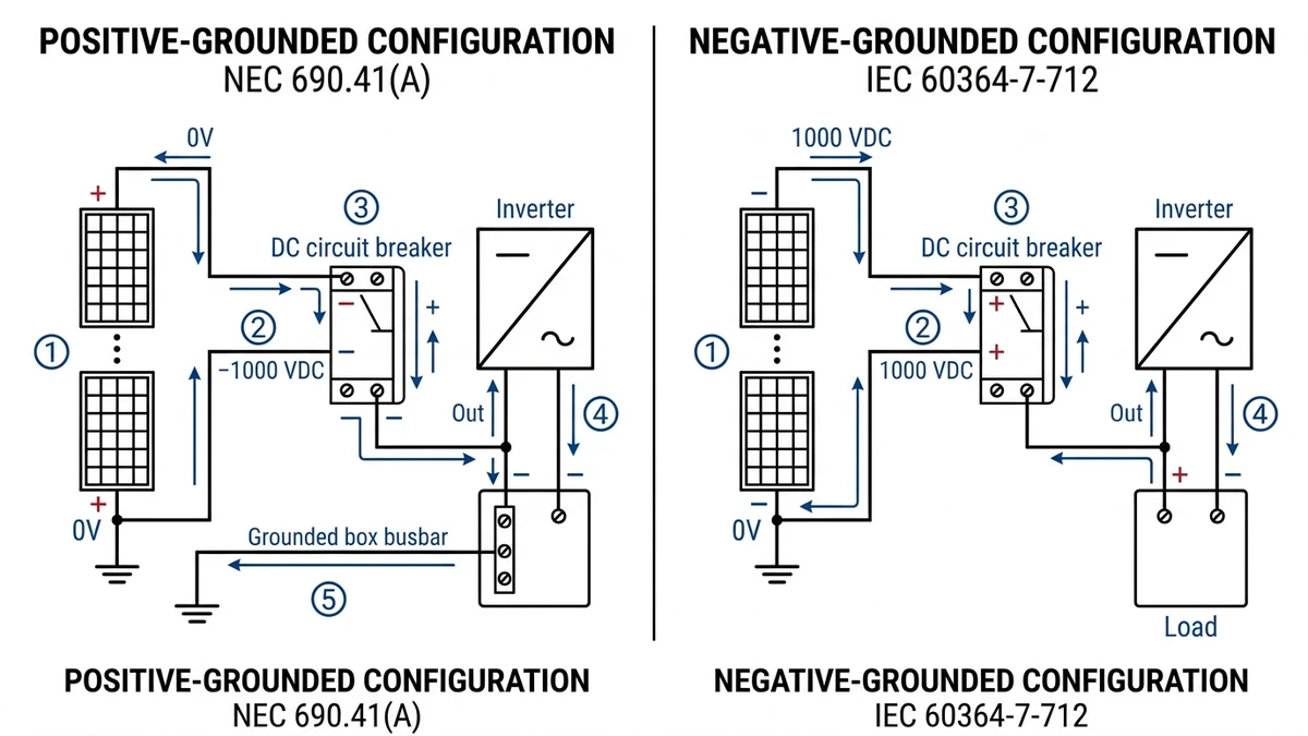 ** `Solar PV system wiring diagrams showing DC circuit breaker polarity for positive-grounded versus negative-grounded configurations with terminal markings